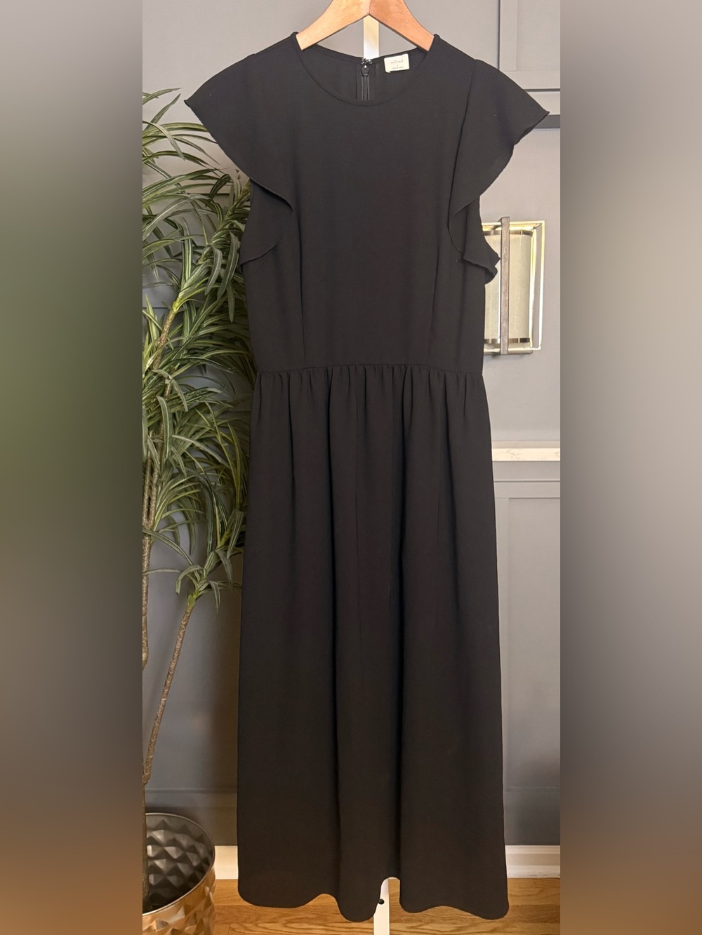 WILFRED Fleurette Black Midi Dress Size 2 Flutter Sleeve A-Line Pockets
